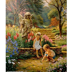 Children watching a butterfly in a stone garden